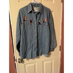 Vision 1 Ladies Denim Chambray Jean Shirt Western Cowgirl Boots Size L Vintage